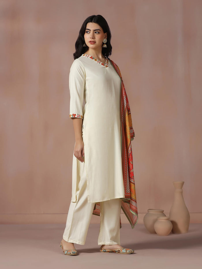 Women Poly Viscose Off White Embroidered Kurta Comfort Pant Dupatta.