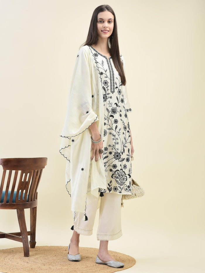 Women Poly Viscose Off White Embroidered Kurta Comfort Pant Dupatta.