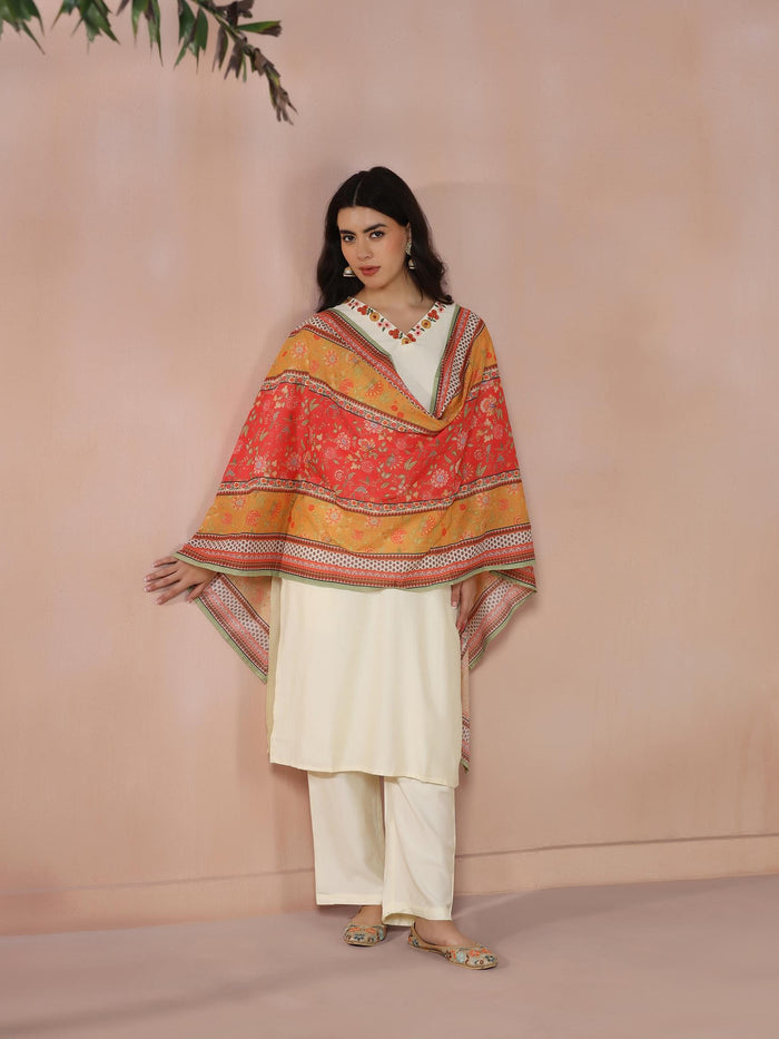 Women Poly Viscose Off White Embroidered Kurta Comfort Pant Dupatta.