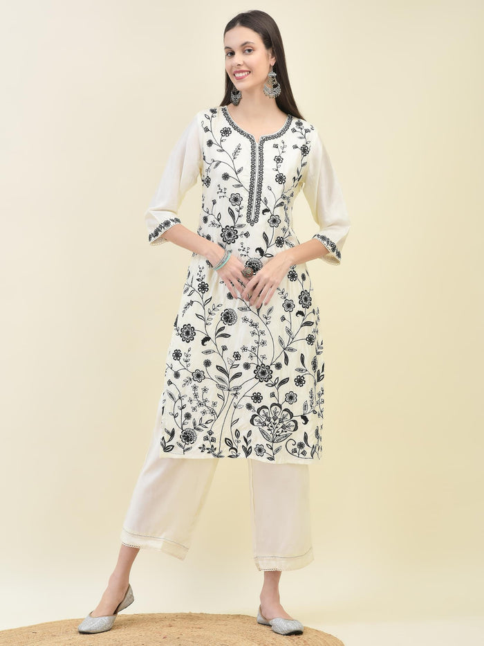 Women Poly Viscose Off White Embroidered Kurta Comfort Pant Dupatta.