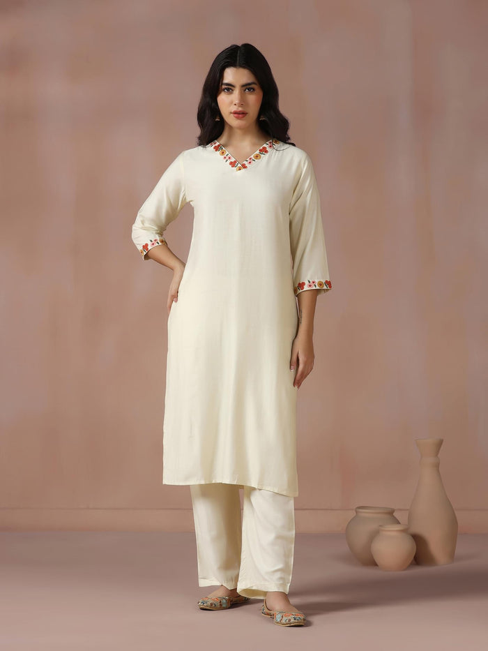 Women Poly Viscose Off White Embroidered Kurta Comfort Pant Dupatta.