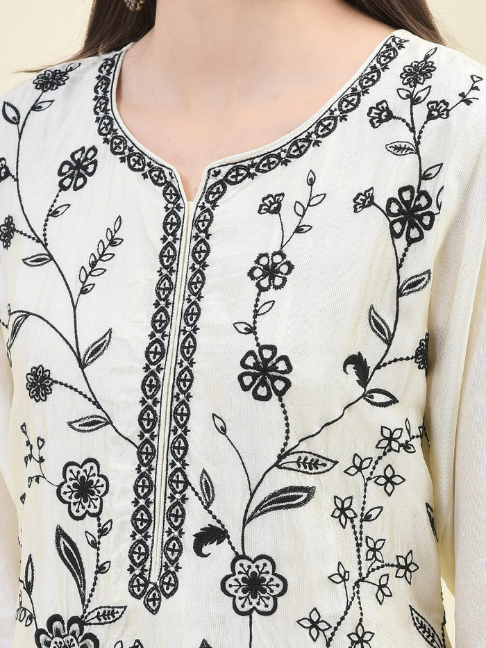 Women Poly Viscose Off White Embroidered Kurta Comfort Pant Dupatta.
