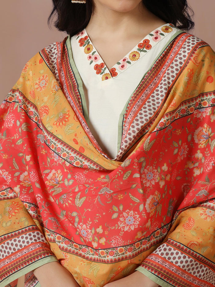 Women Poly Viscose Off White Embroidered Kurta Comfort Pant Dupatta.