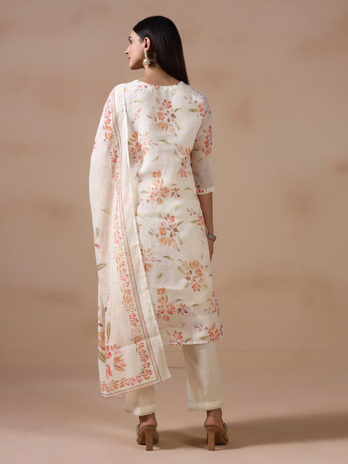 Women Poly Viscose Off White Embroidered Kurta Trouser Dupatta.
