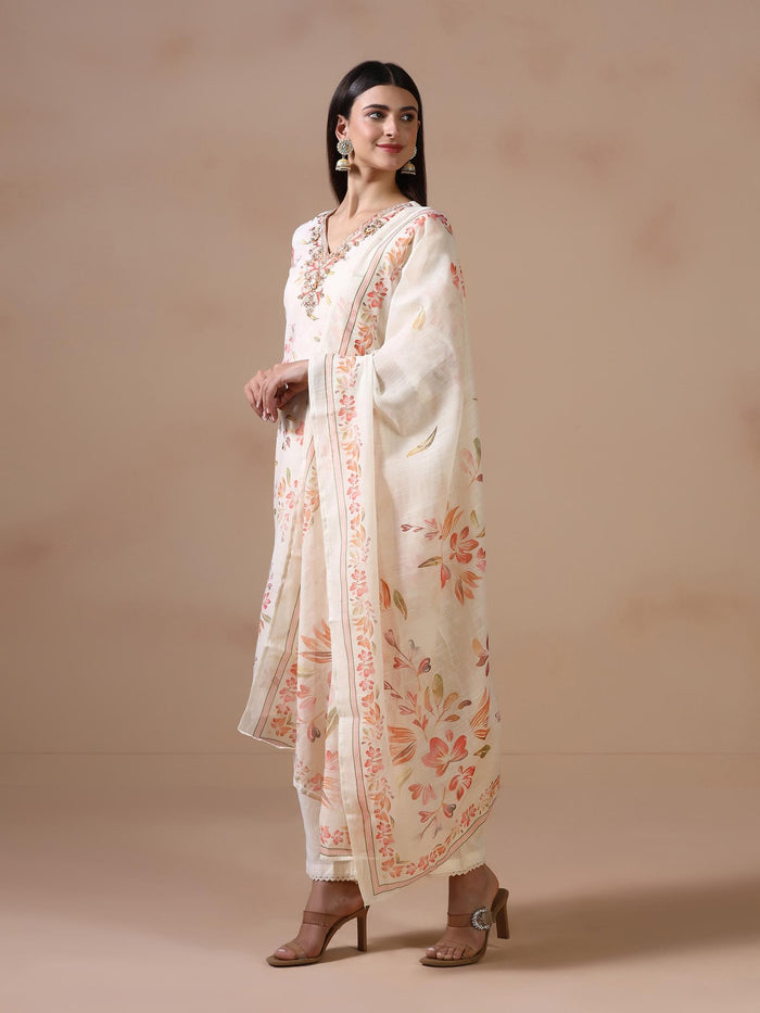 Women Poly Viscose Off White Embroidered Kurta Trouser Dupatta.