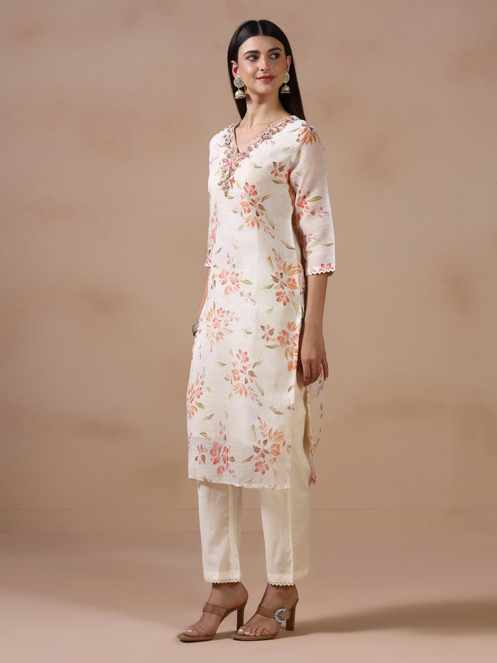 Women Poly Viscose Off White Embroidered Kurta Trouser Dupatta.