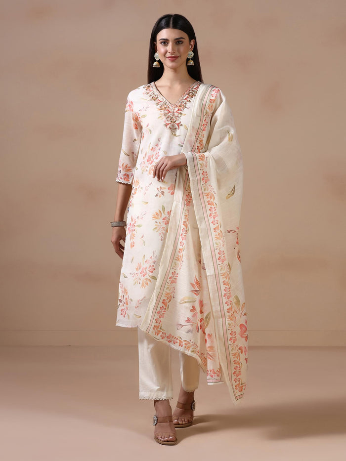 Women Poly Viscose Off White Embroidered Kurta Trouser Dupatta.