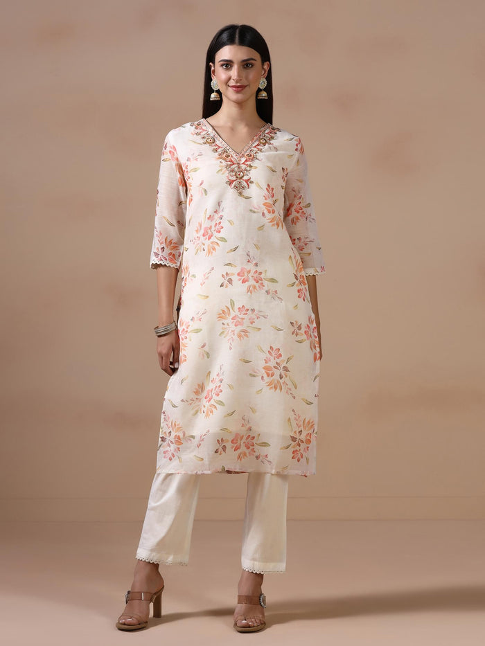Women Poly Viscose Off White Embroidered Kurta Trouser Dupatta.