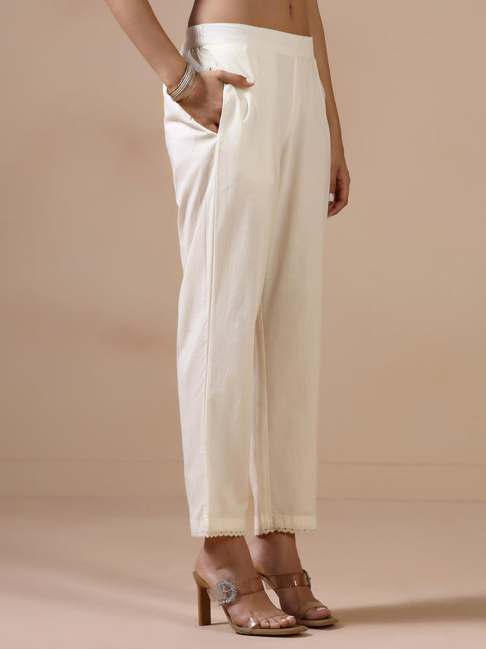 Women Poly Viscose Off White Embroidered Kurta Trouser Dupatta.