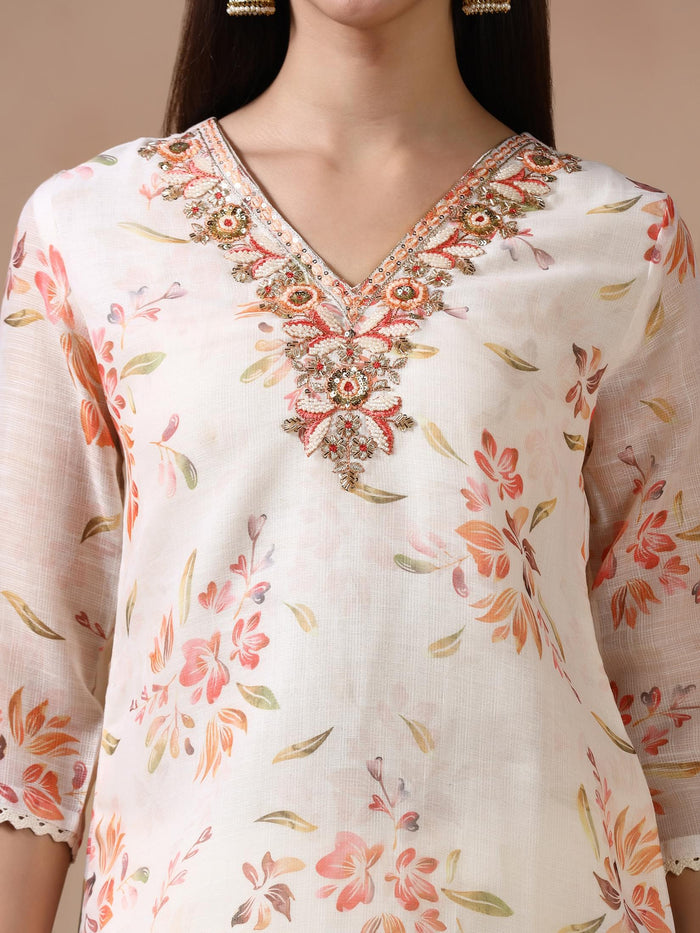 Women Poly Viscose Off White Embroidered Kurta Trouser Dupatta.