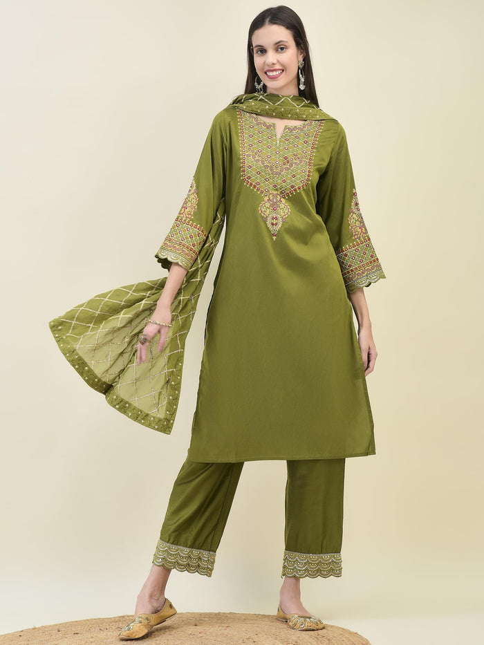 Women Poly Viscose Olive Embroidered Kurta Comfort Pant Dupatta.