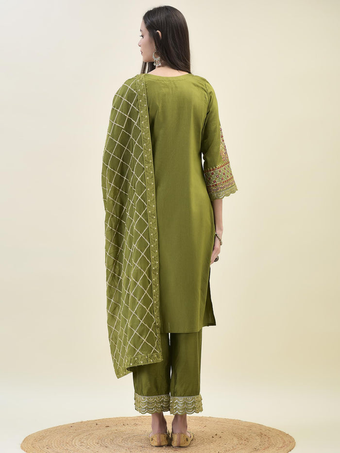 Women Poly Viscose Olive Embroidered Kurta Comfort Pant Dupatta.