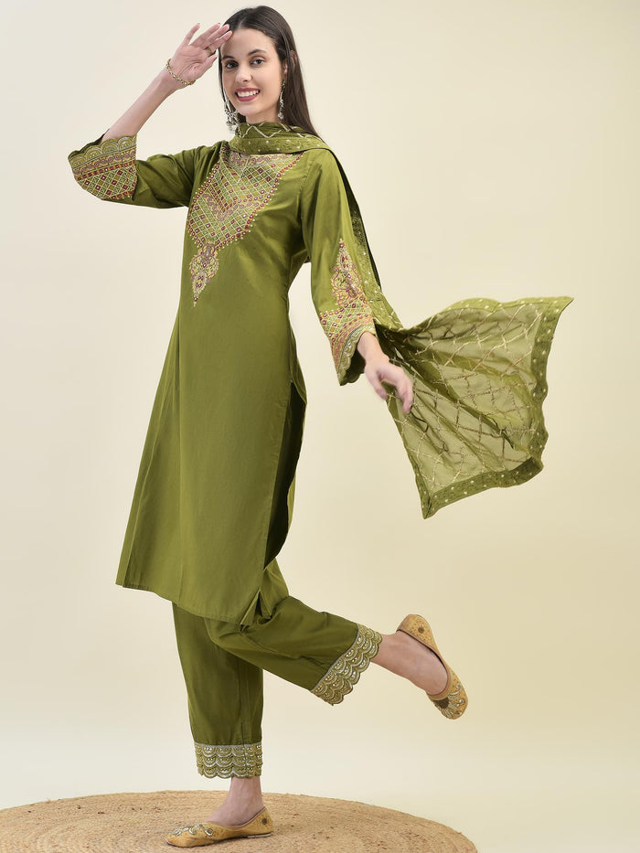 Women Poly Viscose Olive Embroidered Kurta Comfort Pant Dupatta.