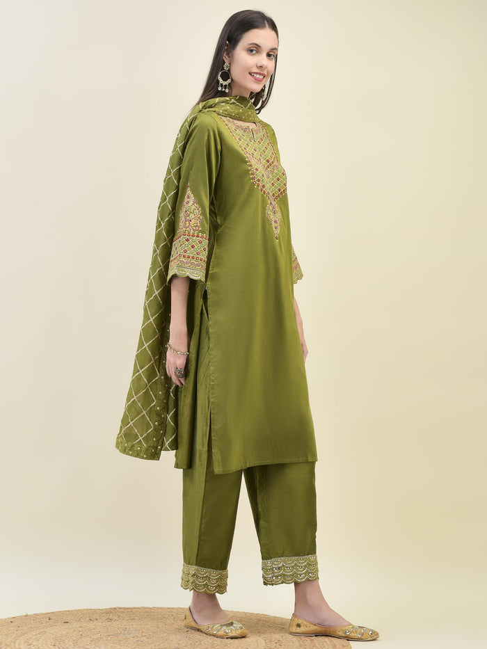 Women Poly Viscose Olive Embroidered Kurta Comfort Pant Dupatta.