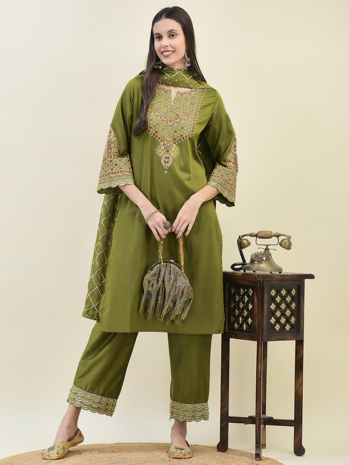Women Poly Viscose Olive Embroidered Kurta Comfort Pant Dupatta.