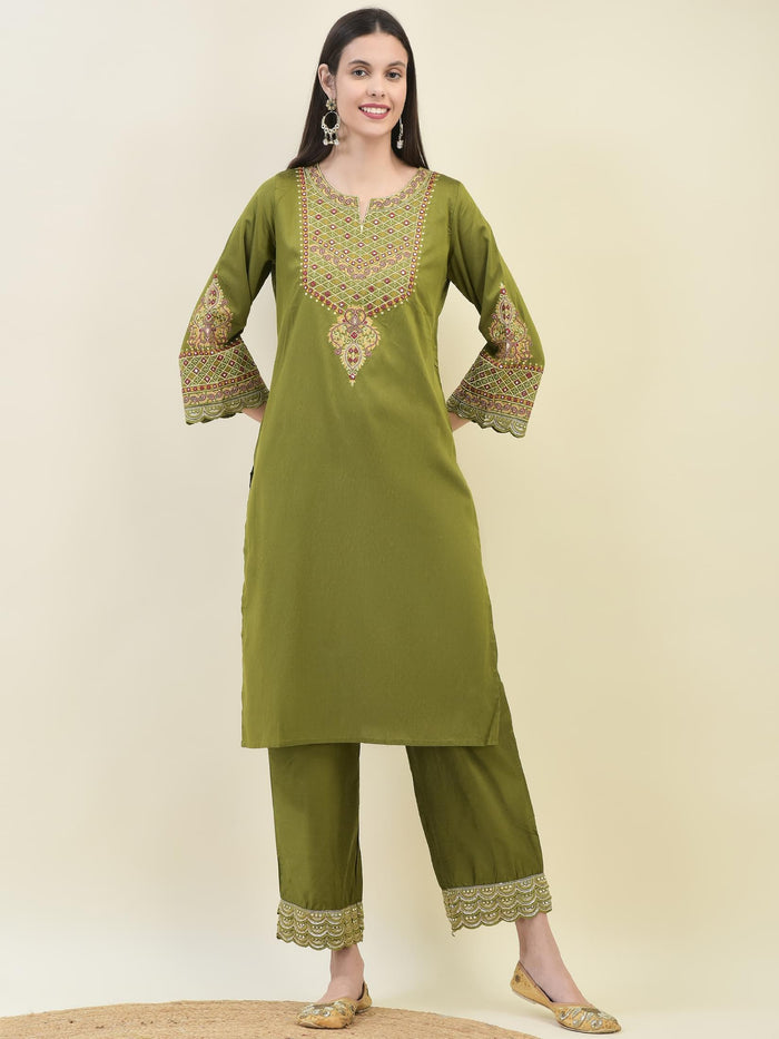 Women Poly Viscose Olive Embroidered Kurta Comfort Pant Dupatta.