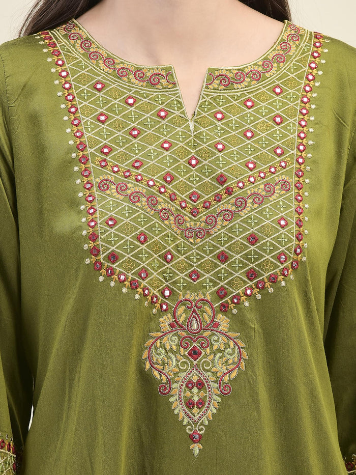 Women Poly Viscose Olive Embroidered Kurta Comfort Pant Dupatta.