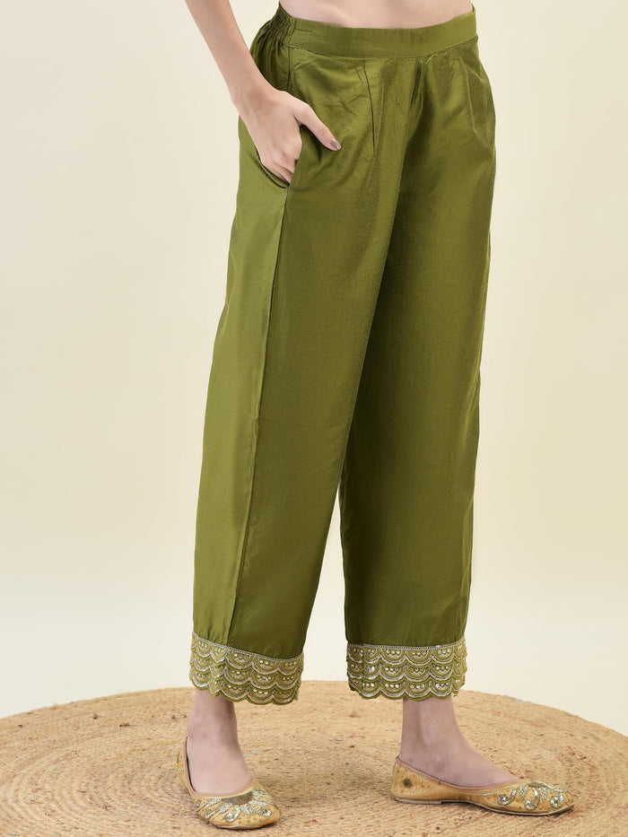 Women Poly Viscose Olive Embroidered Kurta Comfort Pant Dupatta.