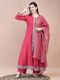 Women Poly Viscose Pink Embroidered Kurta Comfort Pant Chanderi Dupatta.