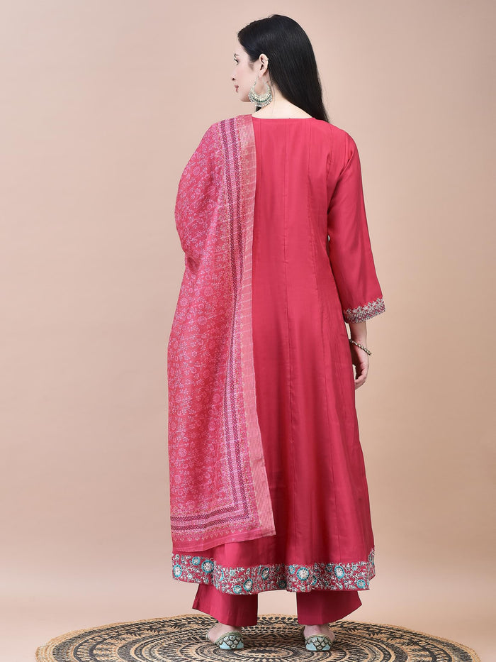 Women Poly Viscose Pink Embroidered Kurta Comfort Pant Chanderi Dupatta.