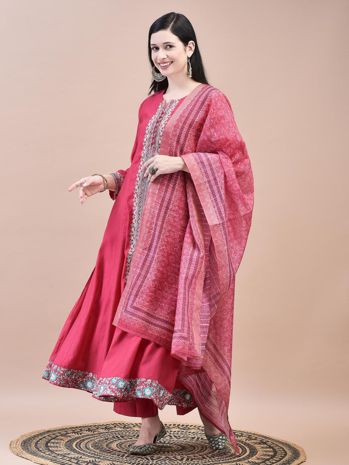 Women Poly Viscose Pink Embroidered Kurta Comfort Pant Chanderi Dupatta.