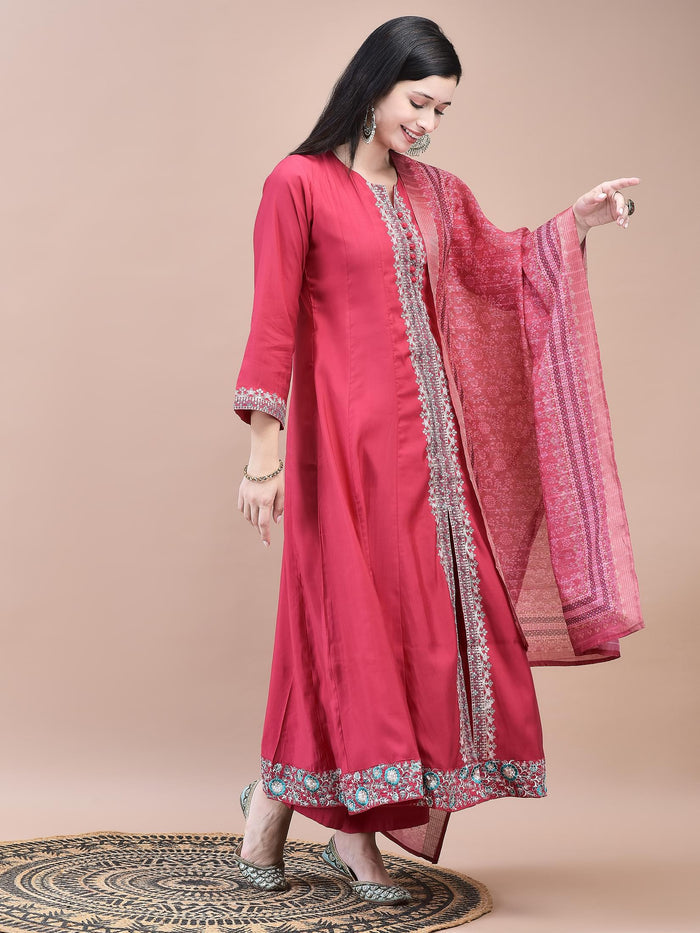 Women Poly Viscose Pink Embroidered Kurta Comfort Pant Chanderi Dupatta.