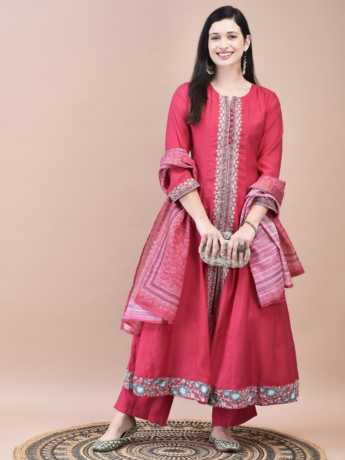 Women Poly Viscose Pink Embroidered Kurta Comfort Pant Chanderi Dupatta.