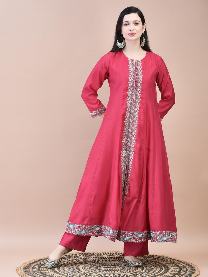 Women Poly Viscose Pink Embroidered Kurta Comfort Pant Chanderi Dupatta.