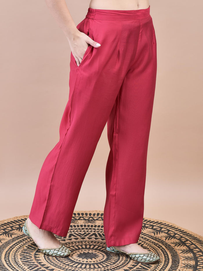 Women Poly Viscose Pink Embroidered Kurta Comfort Pant Chanderi Dupatta.