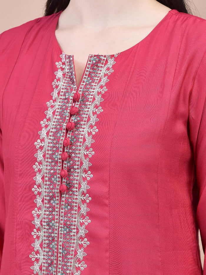 Women Poly Viscose Pink Embroidered Kurta Comfort Pant Chanderi Dupatta.
