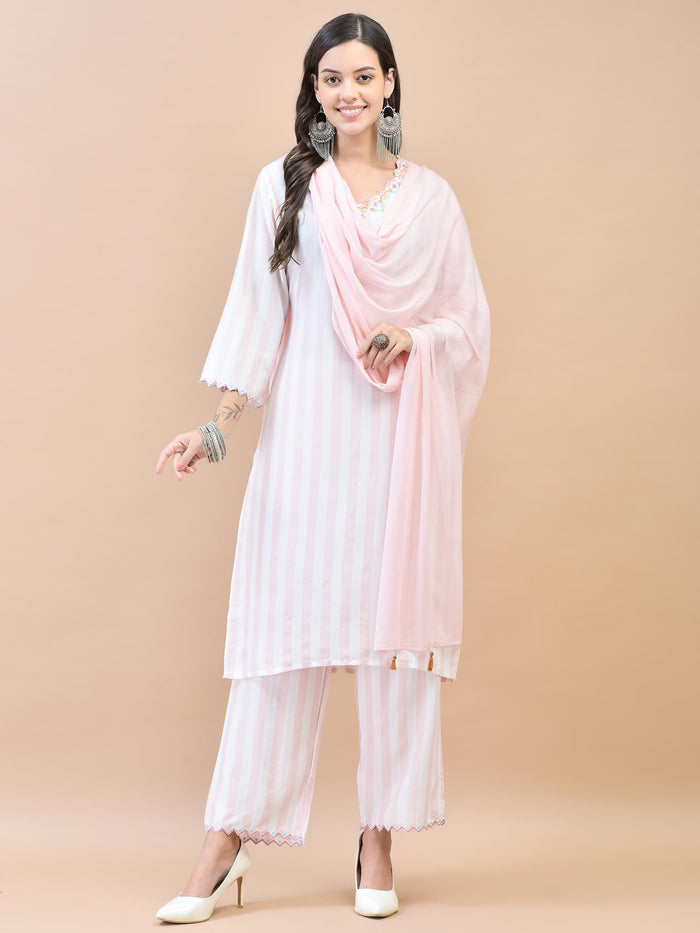 Women Poly Viscose Pink Embroidered Kurta Comfort Pant Dupatta.