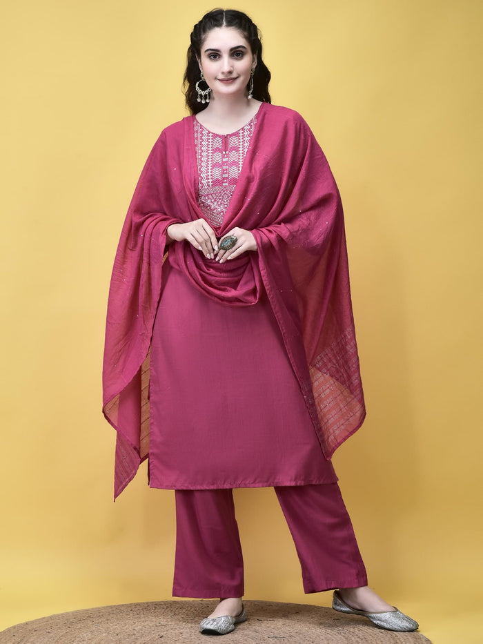 Women Poly Viscose Pink Embroidered Kurta Comfort Pant Dupatta.