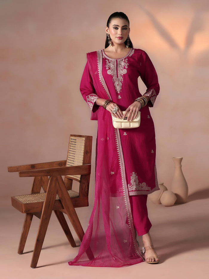 Women Poly Viscose Pink Embroidered Kurta Comfort Pant Dupatta.