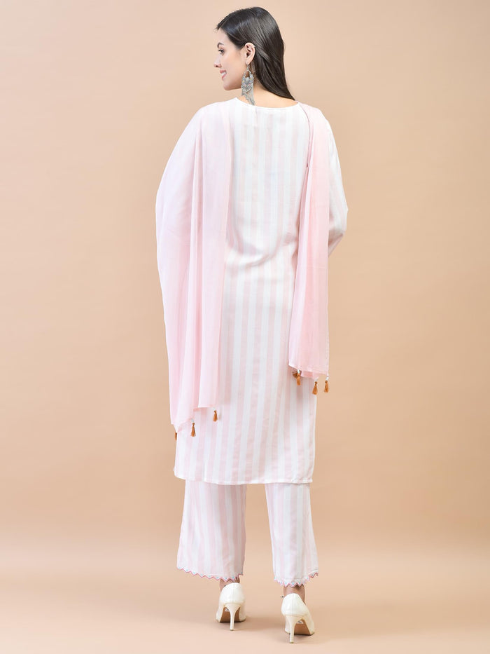 Women Poly Viscose Pink Embroidered Kurta Comfort Pant Dupatta.