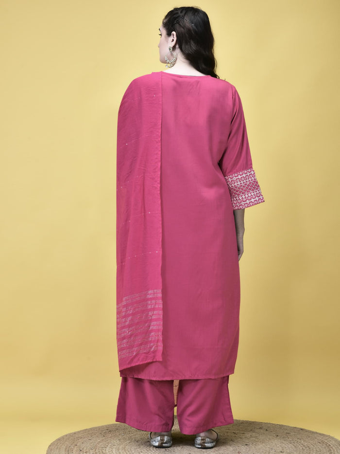 Women Poly Viscose Pink Embroidered Kurta Comfort Pant Dupatta.