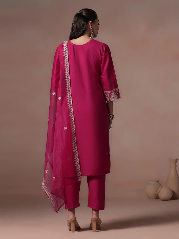 Women Poly Viscose Pink Embroidered Kurta Comfort Pant Dupatta.