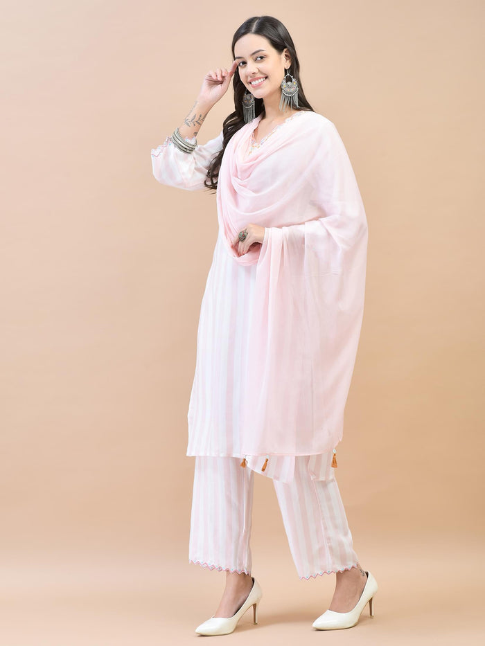 Women Poly Viscose Pink Embroidered Kurta Comfort Pant Dupatta.