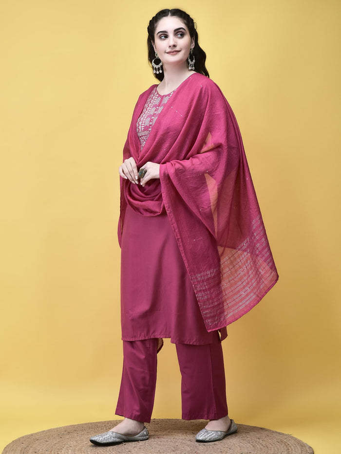 Women Poly Viscose Pink Embroidered Kurta Comfort Pant Dupatta.