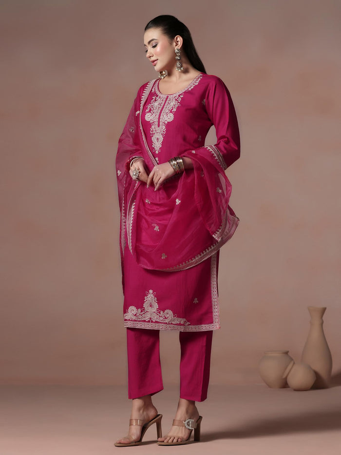 Women Poly Viscose Pink Embroidered Kurta Comfort Pant Dupatta.