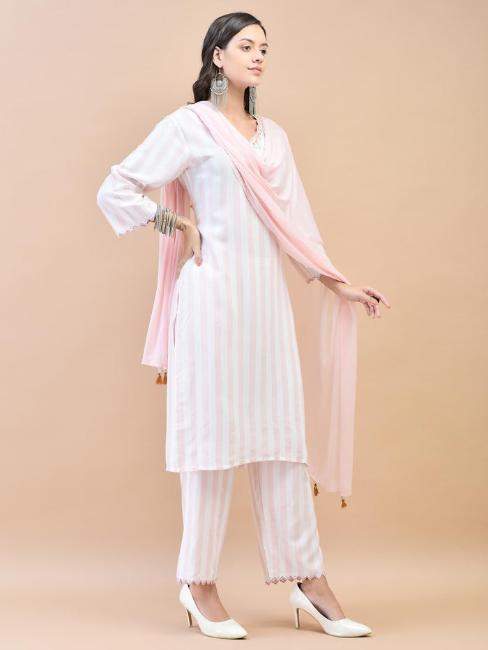 Women Poly Viscose Pink Embroidered Kurta Comfort Pant Dupatta.