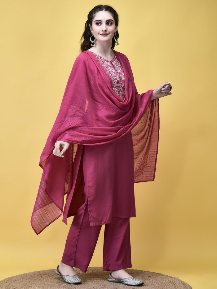 Women Poly Viscose Pink Embroidered Kurta Comfort Pant Dupatta.