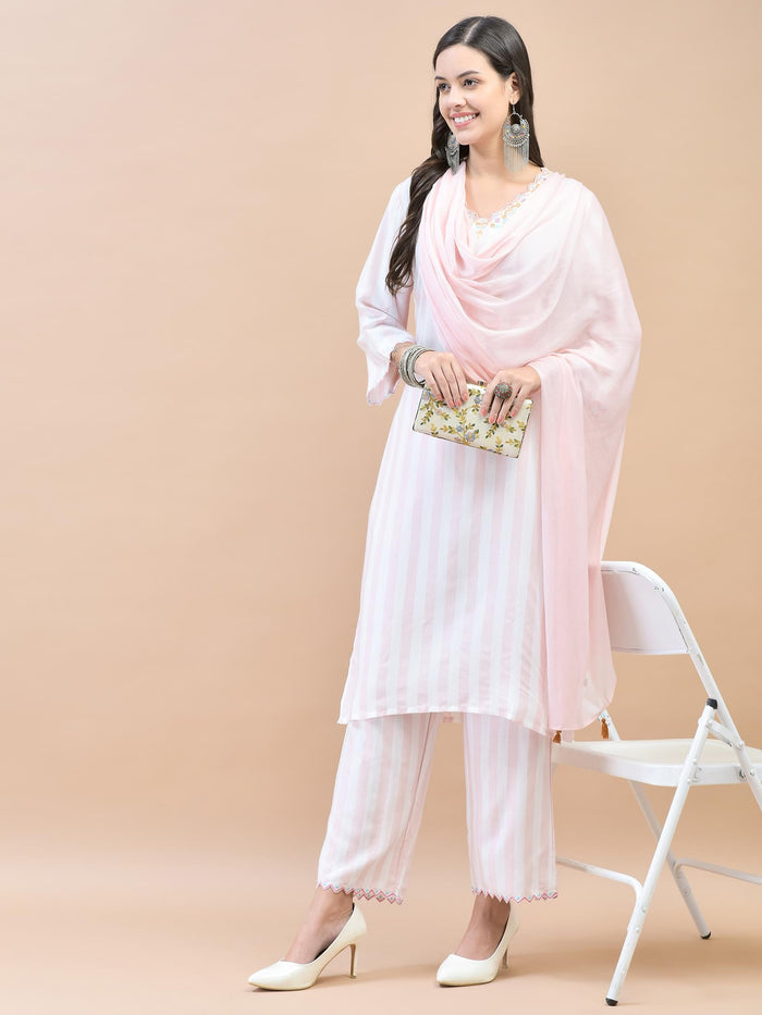 Women Poly Viscose Pink Embroidered Kurta Comfort Pant Dupatta.