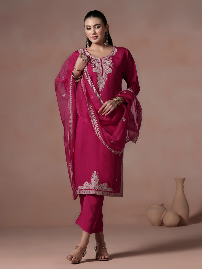 Women Poly Viscose Pink Embroidered Kurta Comfort Pant Dupatta.