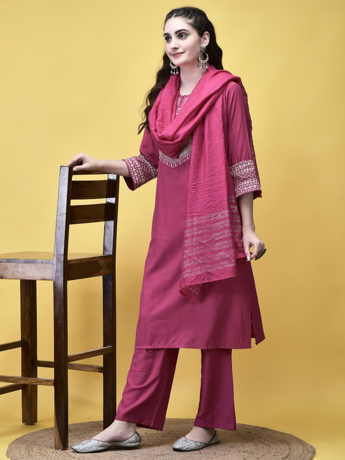 Women Poly Viscose Pink Embroidered Kurta Comfort Pant Dupatta.