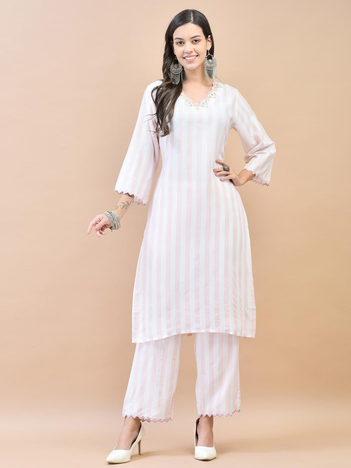 Women Poly Viscose Pink Embroidered Kurta Comfort Pant Dupatta.