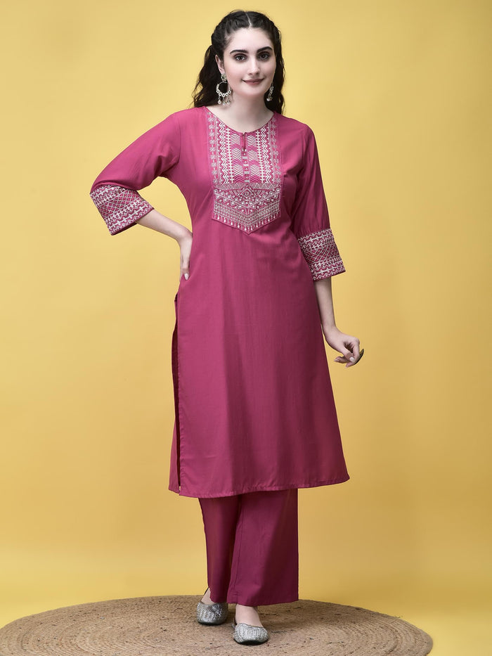 Women Poly Viscose Pink Embroidered Kurta Comfort Pant Dupatta.
