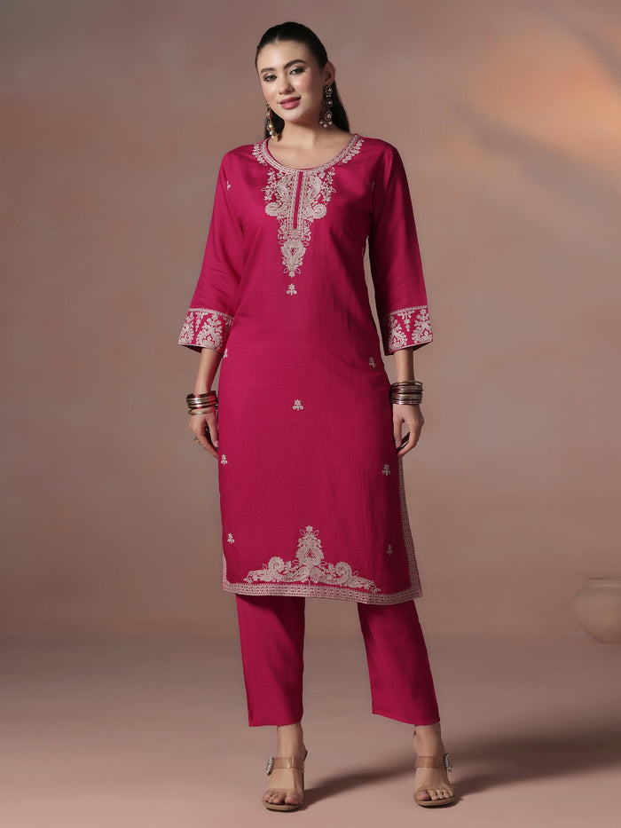 Women Poly Viscose Pink Embroidered Kurta Comfort Pant Dupatta.