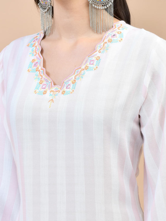 Women Poly Viscose Pink Embroidered Kurta Comfort Pant Dupatta.