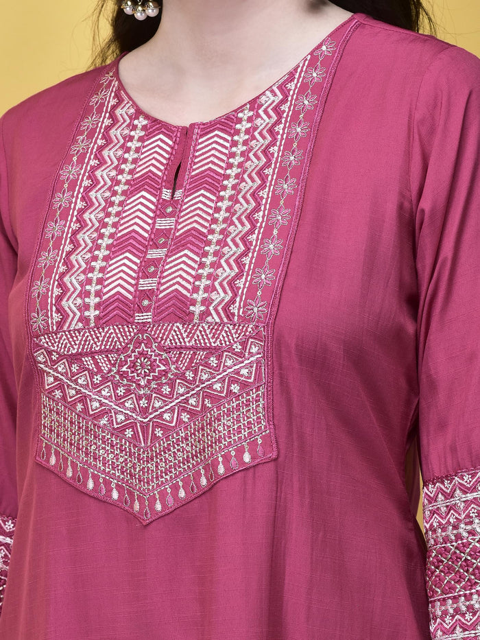 Women Poly Viscose Pink Embroidered Kurta Comfort Pant Dupatta.