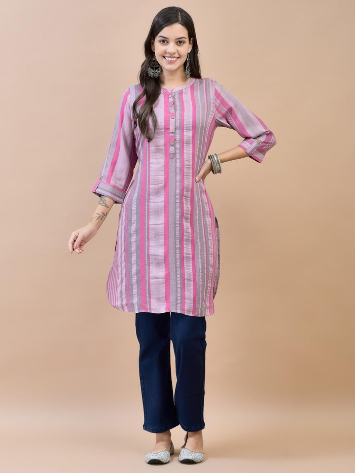 Women Poly Viscose Pink Stripe Print Kurti.